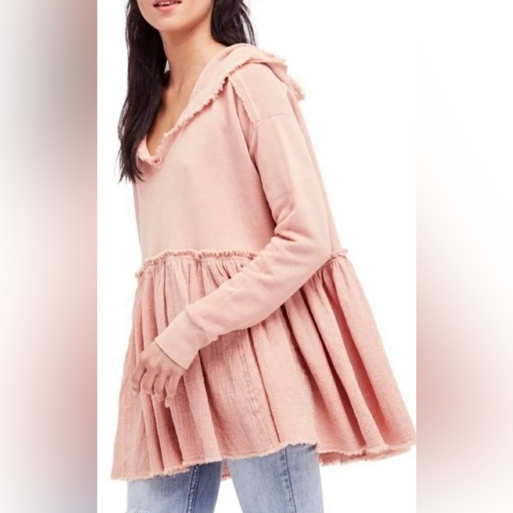 Free People Summer Dreams Hoodie Oversized Dusty Peachy-Pink Textured Knit Top S - Picture 2 of 6